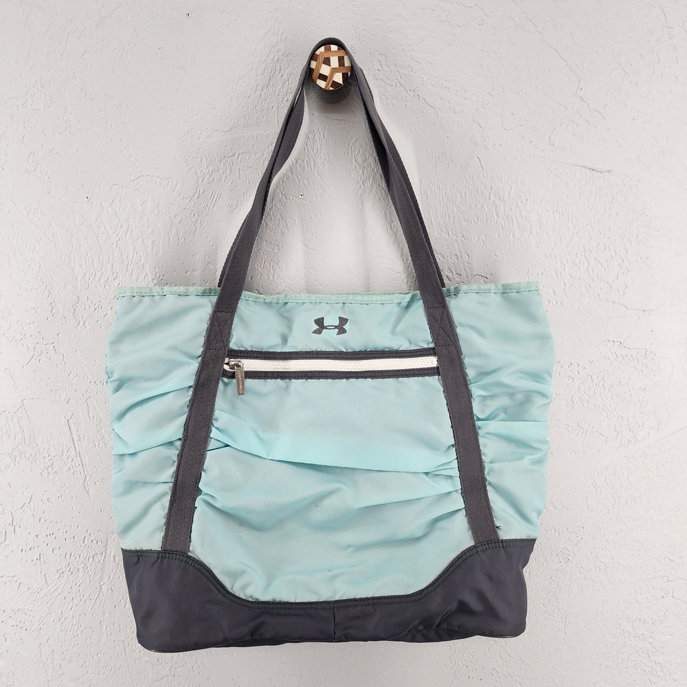 Under Armour Blue Grey Ruched Nylon Zip Tote Sporty Gym Bag Women OS